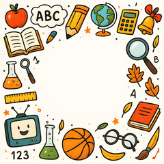 Playful hand drawn school themed border with cartoon educational objects in a frame