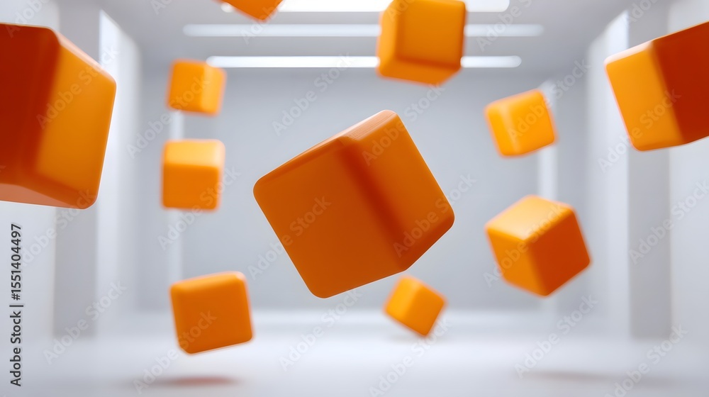 Poster floating orange cubes in a minimalist abstract composition