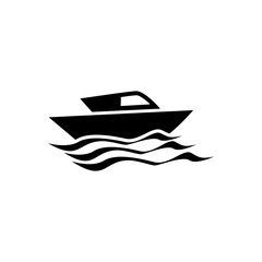 The black motorboat silhouette, on a clean white background, is ideal for icons, logos or design elements related to water and navigation.