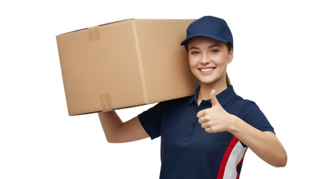 Happy Courier with Cap Giving Thumbs-Up While Holding Large Parcel  Female Courier in  Giving Thumbs-Up with Package  isolated on transparent background 
