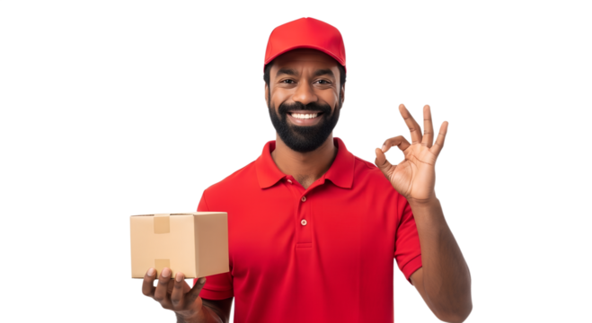Delivery Man in Red Shirt Making OK Gesture with Package isolated on transparent background    OK Sign Delivery Service Representative with Box in Hand 