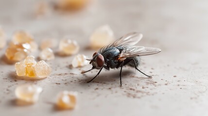 A fly explores a surface dotted with sugar granules under gentle lighting.
