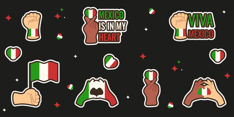Viva Mexico. Set Viva Mexico stickers isolated black backgorund. Vector illustration of hands with heart and mexican flag. Perfect holiday Sticker pack scrapbook patch design. EPS 10