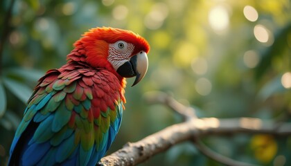 Fototapeta premium Scarlet macaw perched on branch in lush greenery