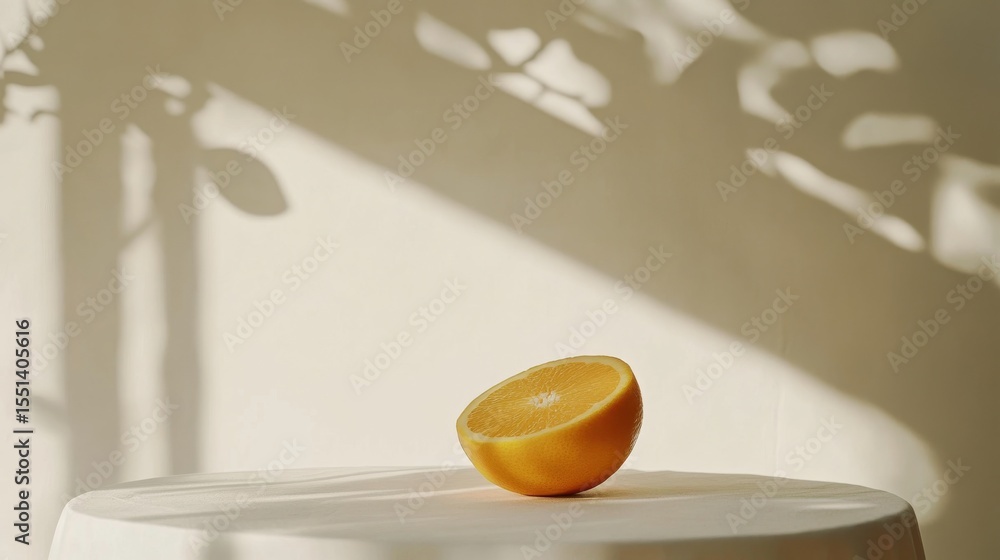Poster half of an orange resting on a minimalist surface by window