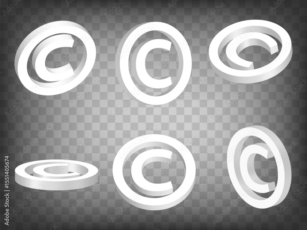 Poster set of 3d copyright sign on transparent background. copyright sign 3d icon illustration with differe
