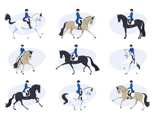 Equestrian dressage, riders on horseback perform different elements of the text, vector illustration
