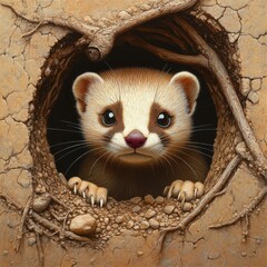 Curious ferret looking out of burrow during daytime in nature