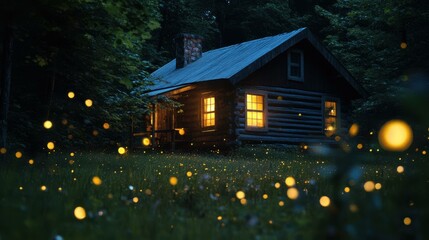 Log cabin in forest with illuminated windows and fireflies at night