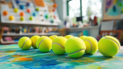 Nine tennis balls resting on a surface in an art studio