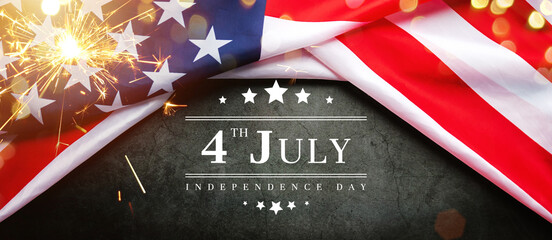 vintage America flag on black chalkboard with text 4th July Independence Day, decorated with...