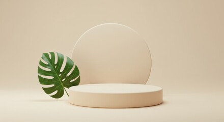 Minimalist beige podium with monstera leaf and circular backdrop