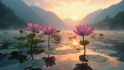 Lotus flowers floating on tranquil lake at sunrise