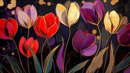 Elegant tulips in various colors against a dark background at night
