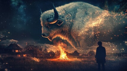 Contemplative man with magical bison by bonfire at night