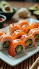 Delicious sushi rolls with salmon and avocado on plate