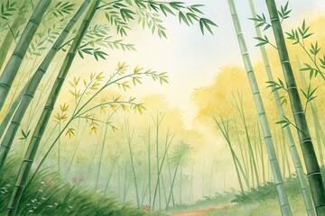 Serene watercolor painting of a bamboo forest