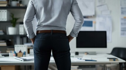 Thoughtful man in office with hands in pockets during daytime