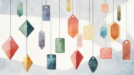 Colorful decorative tags hanging indoors on white background