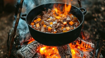 Cooking rustic stew in large pot over campfire outdoors