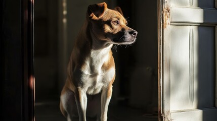 Serene mixed breed dog sitting indoors by the door during daytime