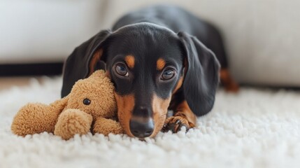Calm Dachshund lying with stuffed rabbit toy in living room