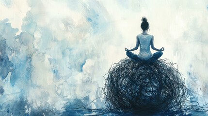 Young woman meditating in dreamlike outdoor landscape