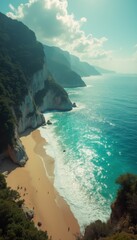 Serene ocean view with birds on a sandy beach during daytime