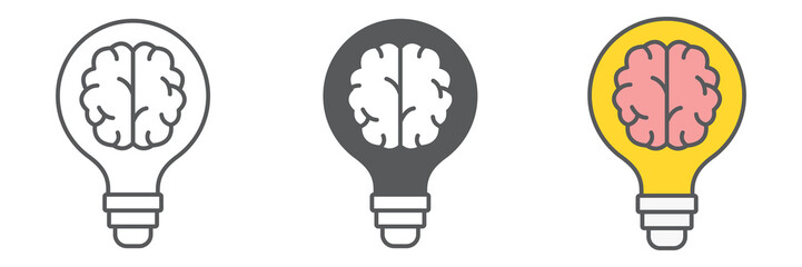 Creative brain icon collection, idea and lightbulb, creative thinking sign vector set graphics, editable stroke linear icon, eps 10