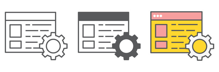 Content management icon collection, marketing and seo, browser with cog sign vector set graphics, editable stroke linear icon, eps 10