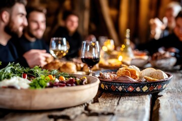 Rustic dinner gathering with friends enjoying wine and appetizers at warm candlelit table