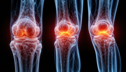 Detailed Digital Illustration of Human Knee Joint Anatomy Highlighting Joint Structures and Potential Pain Points in a Scientific Style