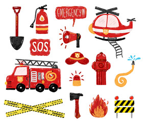 Cute set of red fire engine truck fireman firefighter icons clipart doodle watercolor crayon kids illustration in bright vibrant colors vector collection elements