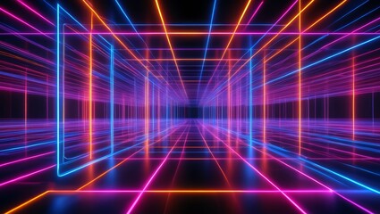 Obraz premium Futuristic neon grid tunnel with blue pink and orange lights