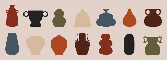 Contemporary ceramic vases. Modern clay pottery vessel, decorative urns jar pitcher, creative antique ancient porcelain ceramics. Vector isolated set