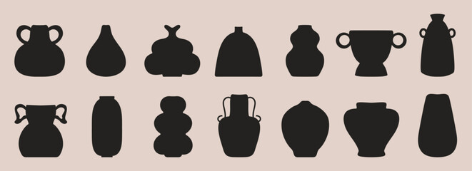 Ceramic vase silhouettes. Black pottery clay pots, minimalist boho decorative elements, simple modern monochrome ceramics. Vector contemporary set © Studio Cantath