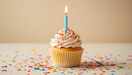 Vanilla cupcake with vibrant icing, birthday candle, confetti around on light beige table, soft studio lighting, cheerful and sweet vibe