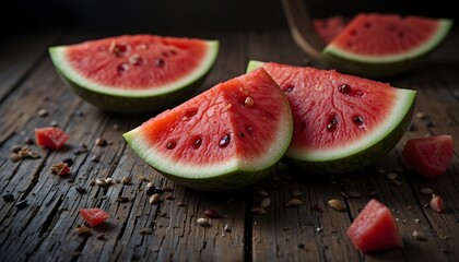 juicy watermelon slices on a rough rustic wood surface, scattered seeds, moody lighting, vibrant color contrast
