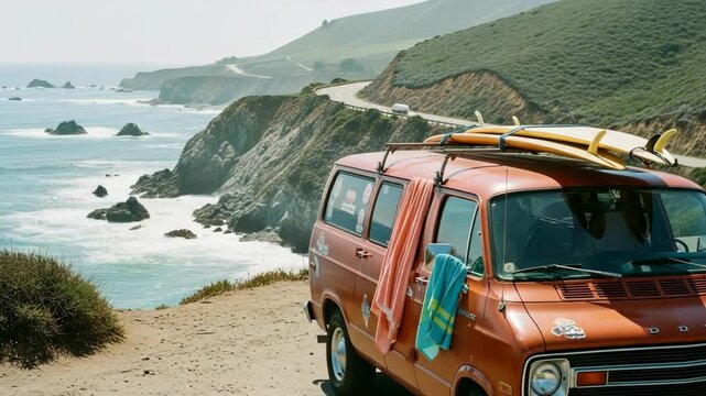 Pacific Coast Highway Road Trip: Freedom & Adventure. Surf Van Parked Cliffside, California Dreamin', Ocean Views, Endless Summer Vibes, Escape