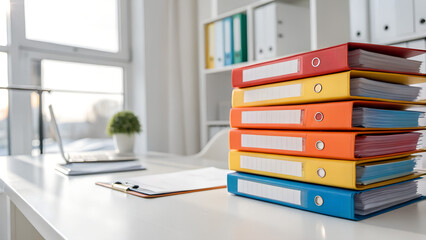 Stack of colorful ring binders on white desk in bright office interior symbolizing organized insurance documentation, client files, and efficient paperwork management