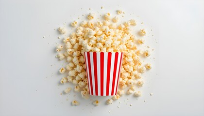 Striped popcorn box overflowing with buttery popcorn, isolated on clean white background, top-down view, minimal and crisp style