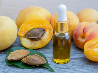 Bottle of apricot kernel oil with fresh ripe fruits