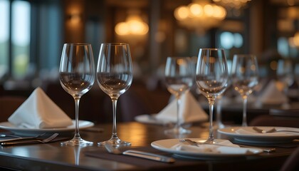 Elegant restaurant table setting with empty wine glasses, clean white plates, folded napkins, soft warm lighting, bokeh background, fine dining mood