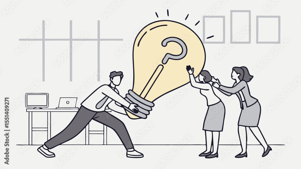 Poster teamwork and problem solving – business team collaborating to push giant question mark lightbulb, sy