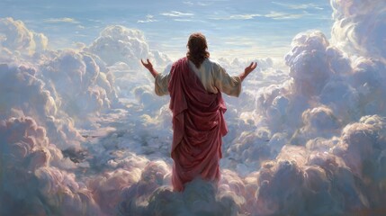 Rear view, Jesus Christ with his arms raised to the Sky - Salvation and resurrection concept