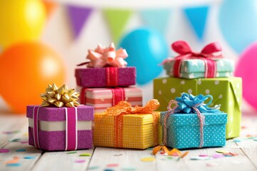 Obraz premium Birthday Gif. Celebration and Anniversary with Multicolored Gifts on Party Background