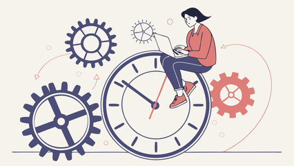 Woman sits giant clock, working laptop surrounded by gears, symbolizing time management