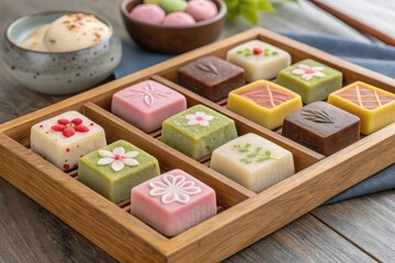 Assorted colorful japanese wagashi sweets in wooden box