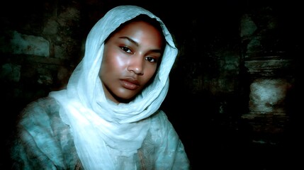 Beautiful woman in headscarf with looking at the camera in a historic, and stone setting.