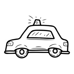 Police car with special signal on. Hand drawn doodle vector. Vehicle for transporting officers. Patrol transport. Auto. Illustration line art element.